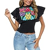 Women's Boho Shirts Floral Embroidered Ruffle Short Sleeve Frill Mock Neck Dressy Casual Summer Peasant Blouses Crop Tops