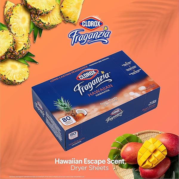 CLOROX FRAGANZIA DRYER SHEETS IN HAWAIIAN ESCAPE SCENT, 80 COUNT WRINKLEREDUCING FABRIC SOFTENER SHEETS BEST LAUNDRY DRYER SHEETS WITH LONGLASTING TROPICAL SCENT (PACK OF 1, 80 COUNT TOTAL)