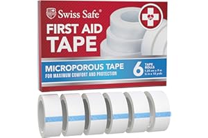 Swiss Safe First Aid Tape, Medical Microporous Surgical Tape, 5/8in Width x 10 Yards Length, Self Adhesive Paper Tape Bandage Rolls (6-Pack)