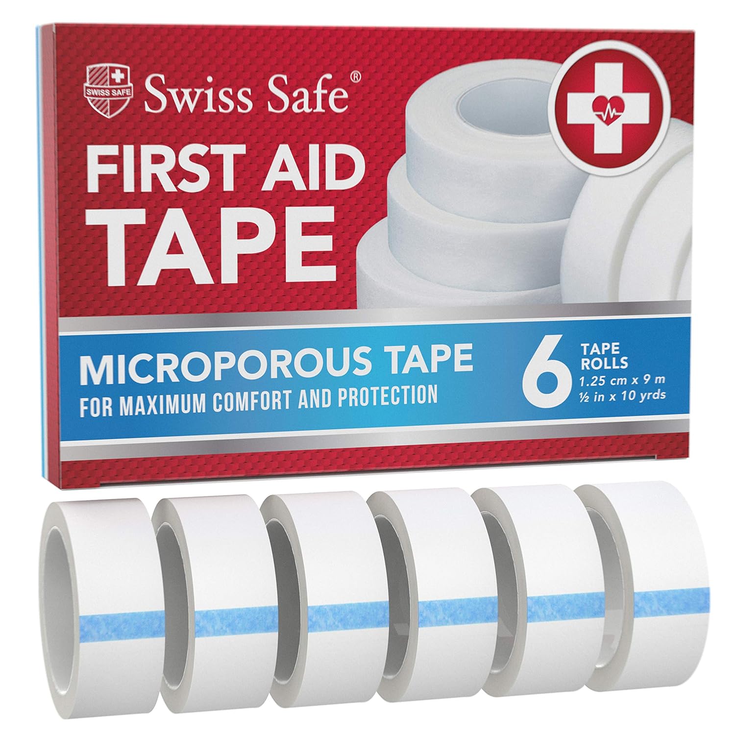 Swiss Safe First Aid Tape, Medical Microporous Surgical Tape, 5/8in Width x 10 Yards Length, Self Adhesive Paper Tape Bandage Rolls (6-Pack): Industrial & Scientific
