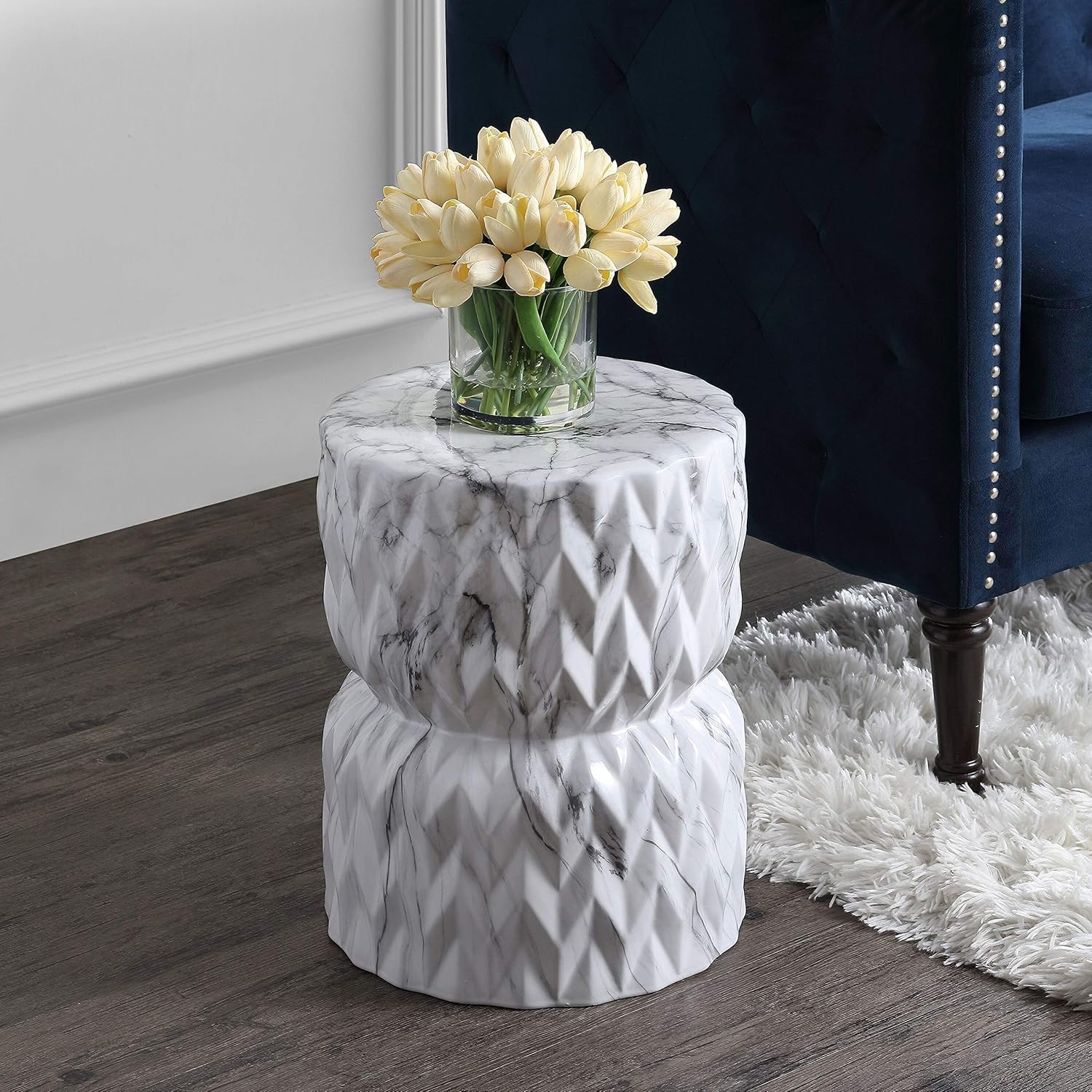 Chevron Drum 17.5" White Marble Finish Ceramic Garden Stool Glam Mid-Century Modern Contemporary Glossy