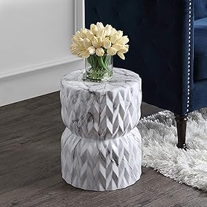 Chevron Drum 17.5" White Marble Finish Ceramic Garden Stool Glam Mid-Century Modern Contemporary Glossy