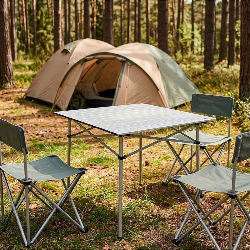 Mesa dobrável leve, mesa de campismo em alumínio, tampo laminado, 70x70x70 cm, com saco de transporte, paragens antiderrapantes, para 4 pessoas (52840)