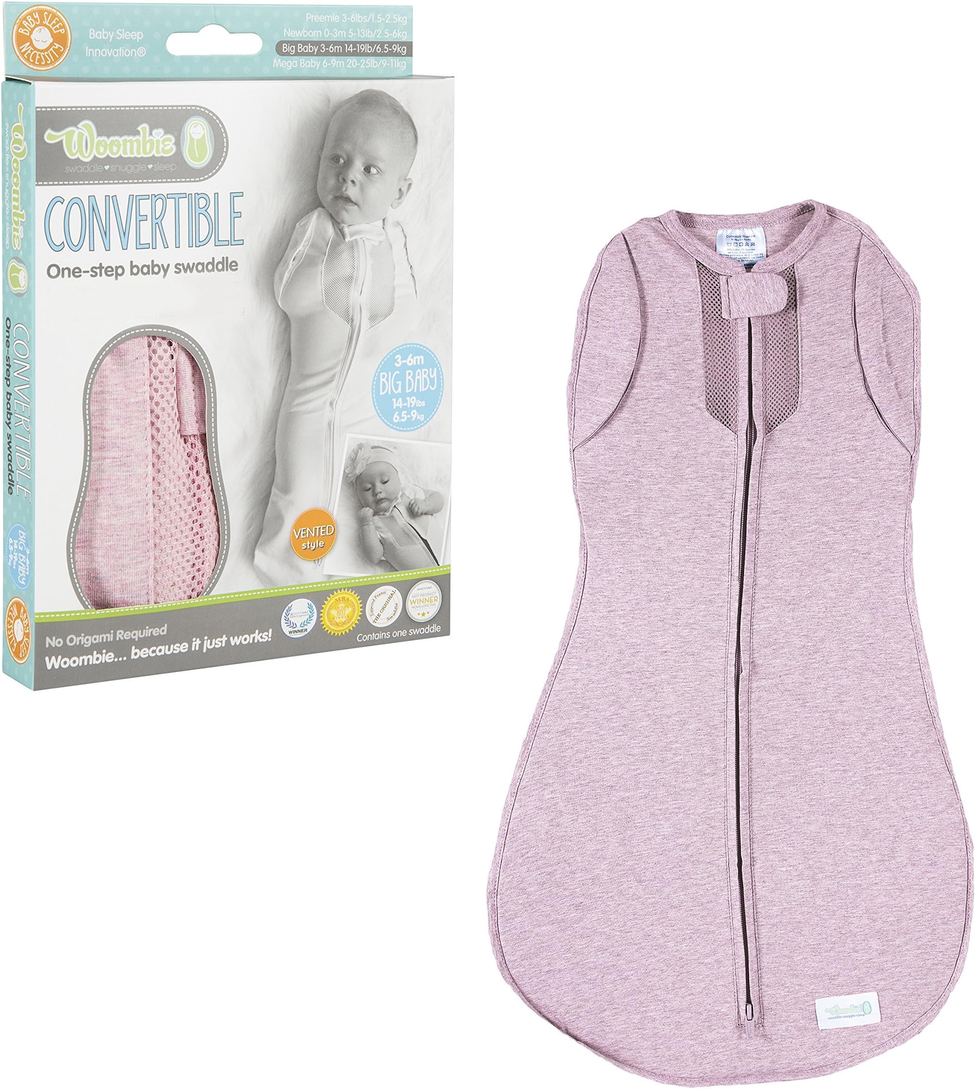 Woombie Convertible Vented Nursery Swaddling Blankets (Pink Posey/Heathered Pink, 14-19 Pounds)