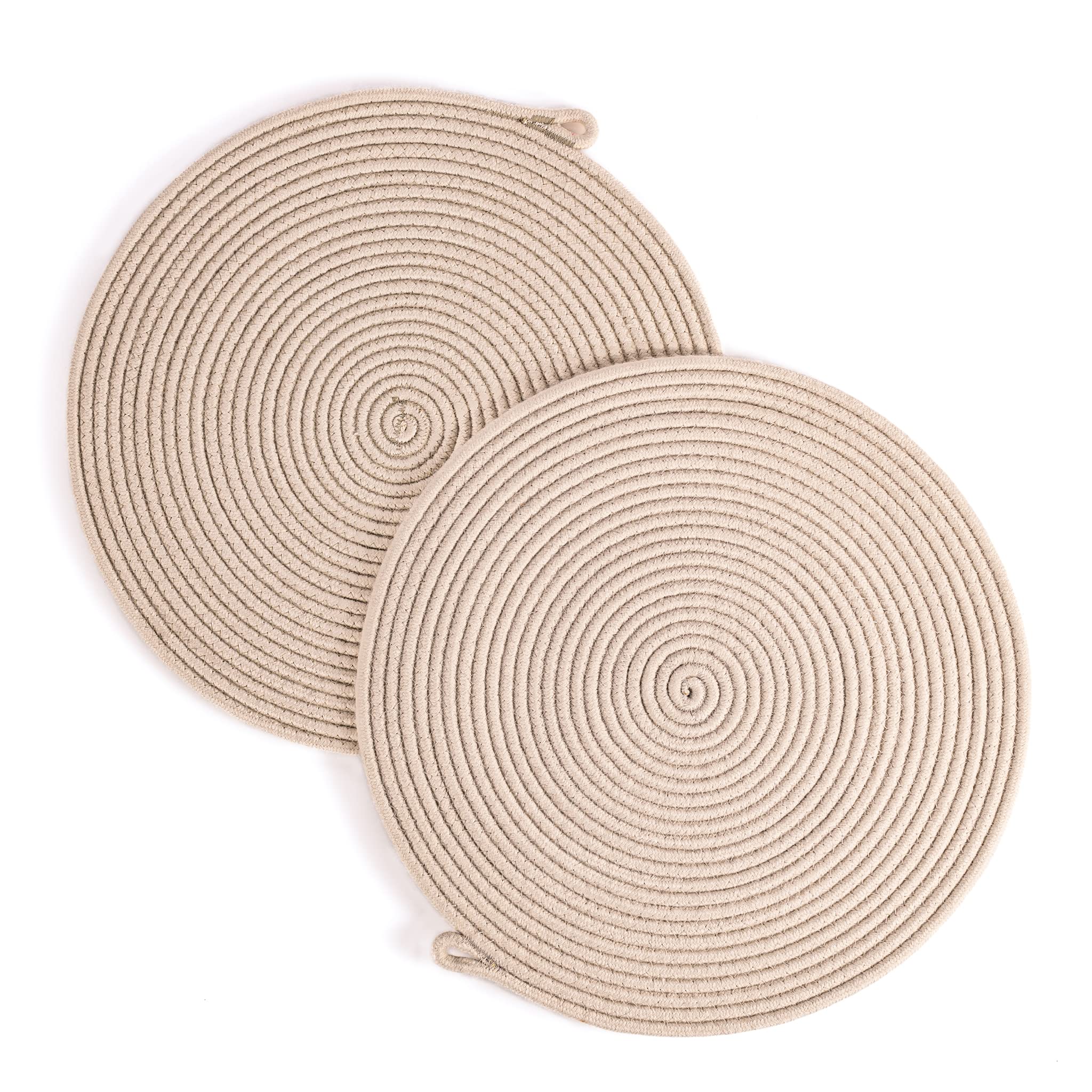 Darido Set of 2 Hangable Cotton Round Trivets, 32cm, Beige Woven Placemat, Washable Table Mats, Table Decor, Non Slip Kitchen Mat, Kitchen Accessories, Dining Table Place Mats, Heat Resistant