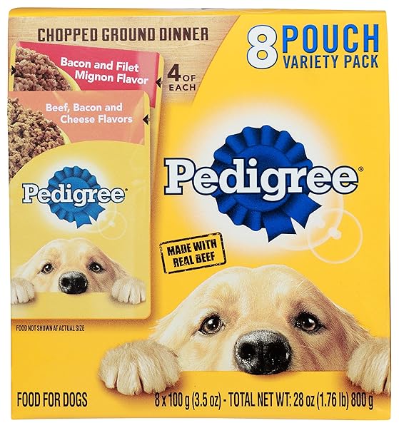 PEDIGREE CHOPPED GROUND DINNER 8 POUCHES,4-BACON AND FILET...