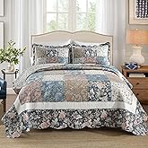 Yvooxny 3-Piece Quilt Set Queen Size Quilted Bedspread Reversible Country Style Blue Floral Paisley Real Patchwork Bedding Quilt Set with Ruffles with Pillowcases for All Seasons, 98 * 90 Inches