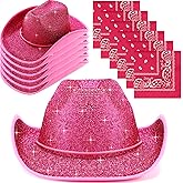 Coume 12 Pcs Sparkly Adults Cowboy Hat and Bandanas Women Men Western Glitter Cowgirl Party Hats with Adjustable Drawstring