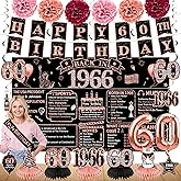 Zirtorei 60th Birthday Decorations for Women, 21pcs the Year 1966 Banner Balloon Party Supplies, Rose Gold 60 Year Old Birthday Backdrop, 60 Bday Honeycomb Centerpiece Hanging Swirls Sash Gifts