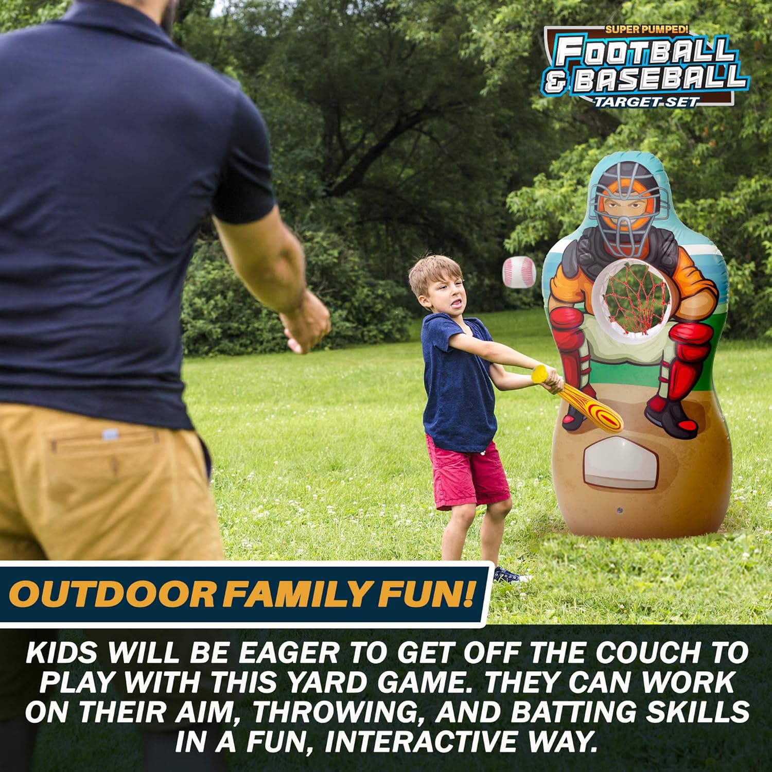 Super Pumped! Inflatable Double-Sided Baseball & Football Target Set | Blow Up Toy with Soft Football, Baseball & Inflatable Bat | Fun Toss Games for Indoor, Outdoor, Backyard & Party Favor | 5 Feet: Toys & Games