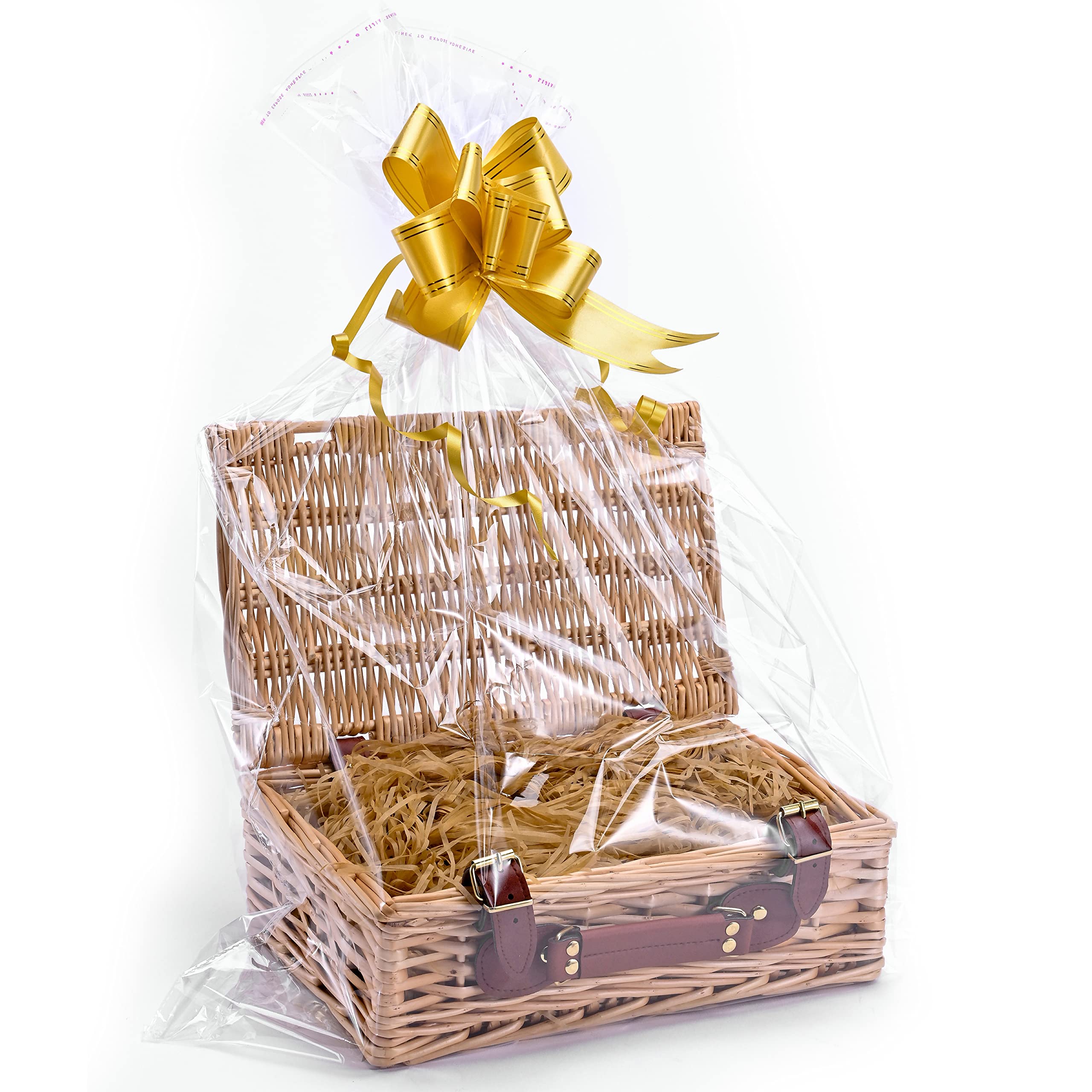 Woodluv Create Your Own Wicker Gift Hamper Basket Kit Use, Christening, Wedding, Baby Shower or Birthday Gift (Includes cellophane, ribbons, shredded paper and a Basket) - 34 x 21 x 11cm