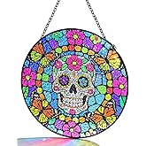 Day of The Dead Decorations - 7.8in Sugar Skull & Monarch Butterfly Decor for Mexican Party Decorations, Hanging Painted Glass Panel Sun Catcher for Dia De Los Muertos