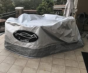 CoverSeal Medium Patio Furniture Cover - Rodent, Insect, Dirt & Dust Preventing Patented Seal Weather & Water Resistant Apron - Sunlight Protection - Silver - 128 Inches L x 30in W x 60in H