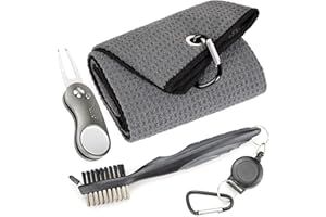 Mile High Life Microfiber Waffle Pattern Golf Towel | Club Groove Cleaner Brush | Foldable Divot Tool with Magnetic Ball Marker (Dark Gray Towel/Brush/Curve Divot)