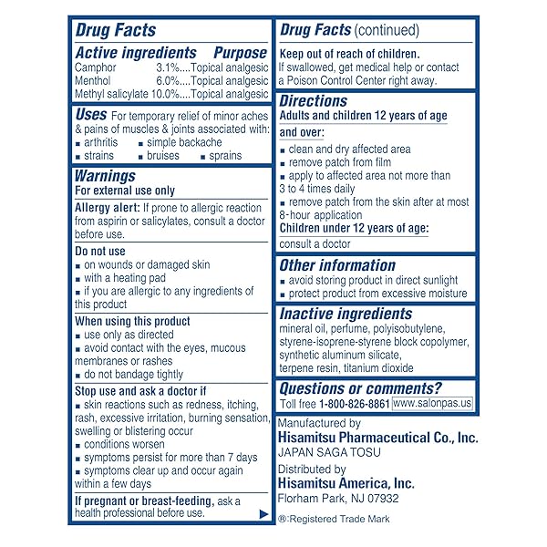 SALONPAS PAIN RELIEVING PATCH, 20 COUNT, FOR BACK, NECK, SHOULDER, KNEE PAIN AND MUSCLE SORENESS, 8 HOUR PAIN RELIEF