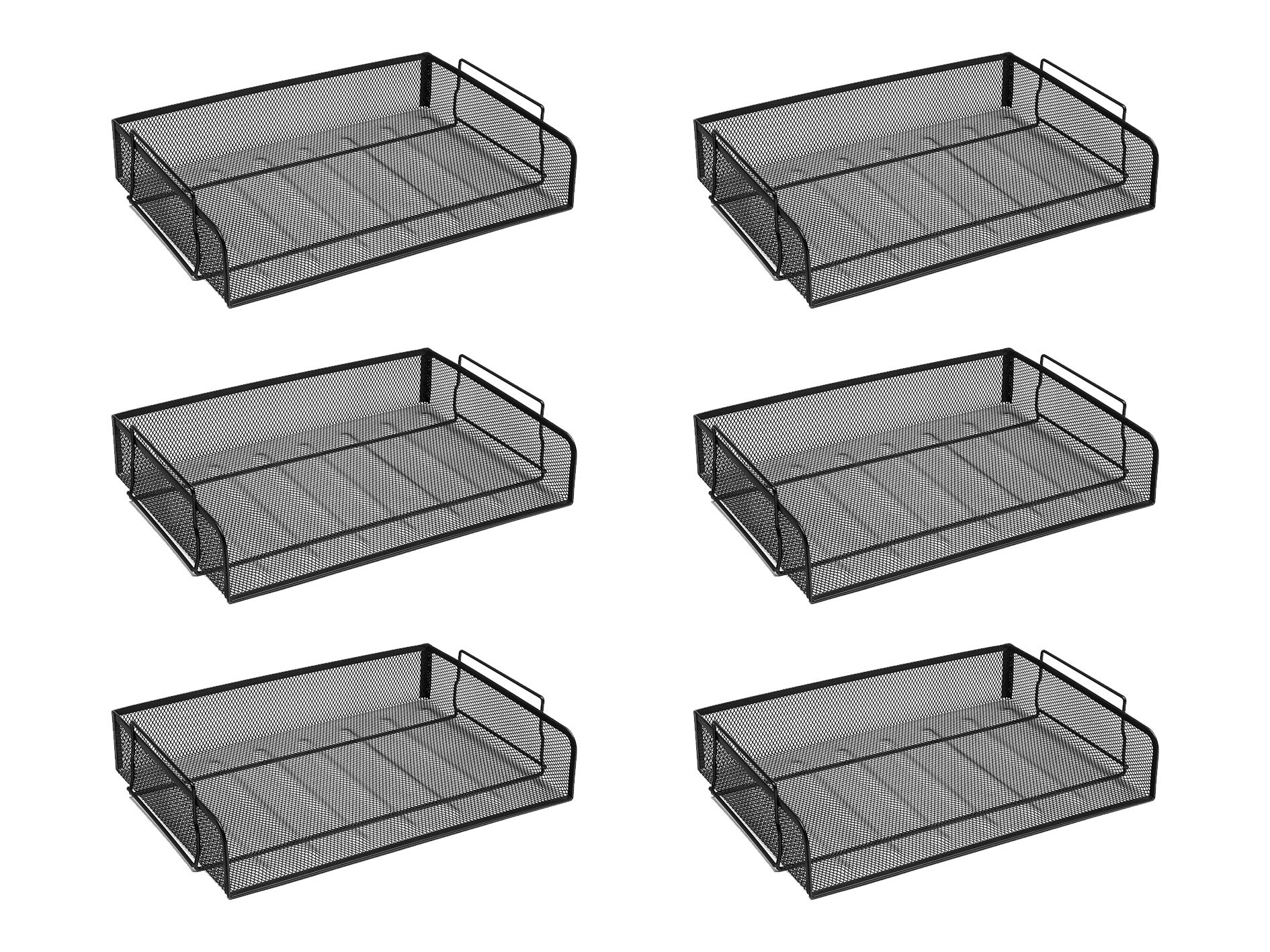 OSCO Wiremesh Stackable Letter Tray Landscape, Scratch-Resistant Metal Desk File Organiser for A4 & Foolscap Paper, Side-Load Design, High-Density, 6 Pack, Black
