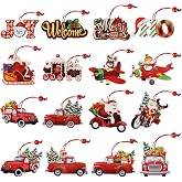 Queekay 16 Pcs Wooden Red Truck Christmas Ornaments Vintage Tree Decor | Xmas Hanging Pickup Truck Ornament, Rustic Farmhouse Holiday Crafts for Home Party Favors for Walls Doors Windows