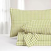 Wake In Cloud - Gingham Bed Sheets, 4-Piece Sheet Set, Plaid Checkered Check Pattern Printed Cute Preppy College Dorm Bedding, Deep Pocket, Apple Green, Full Size