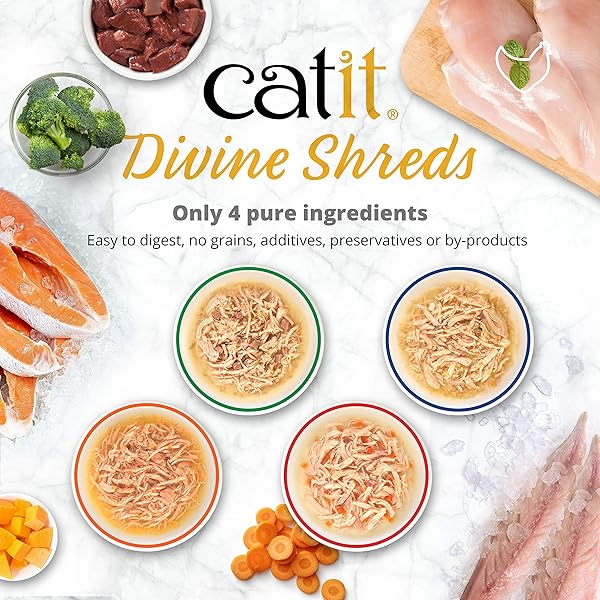 CATIT DIVINE SHREDS PREMIUM CAT FOOD TOPPER, CHICKEN WITH MACKEREL & BROCCOLI