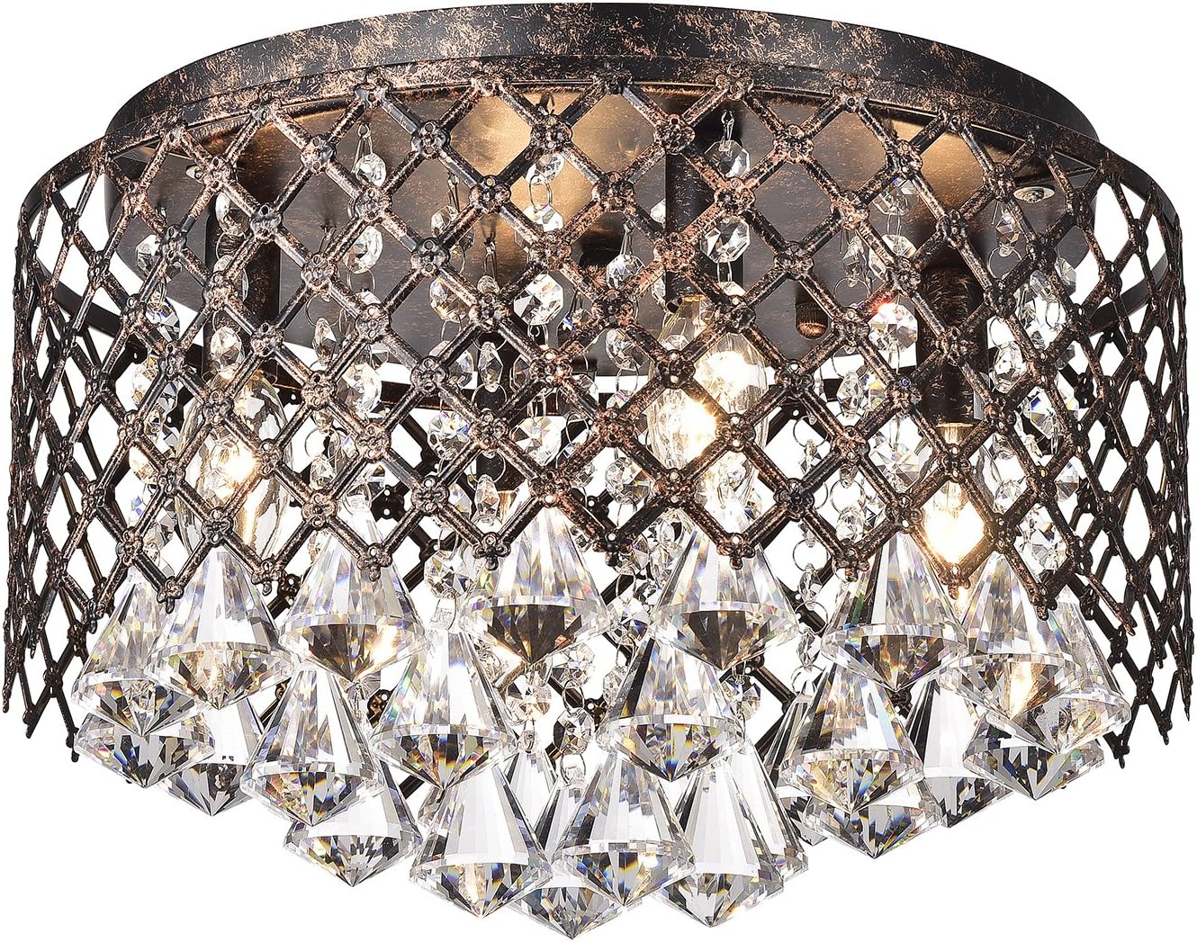 Edvivi 4-Light Crystal Flush Mount Ceiling Light, Antique Copper Finish Drum Shape Flush Mount Chandelier, Crystal Ceiling Mount Fixture for Bedroom, Hallway, Closet, Entryway