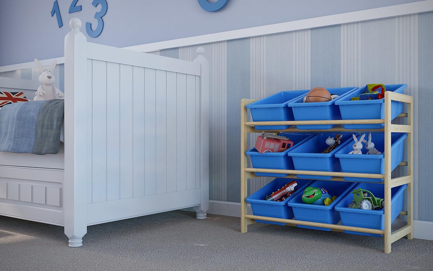 Brown Source Toy Storage Unit 3 Tier Pine Frame 9 Plastic Storage