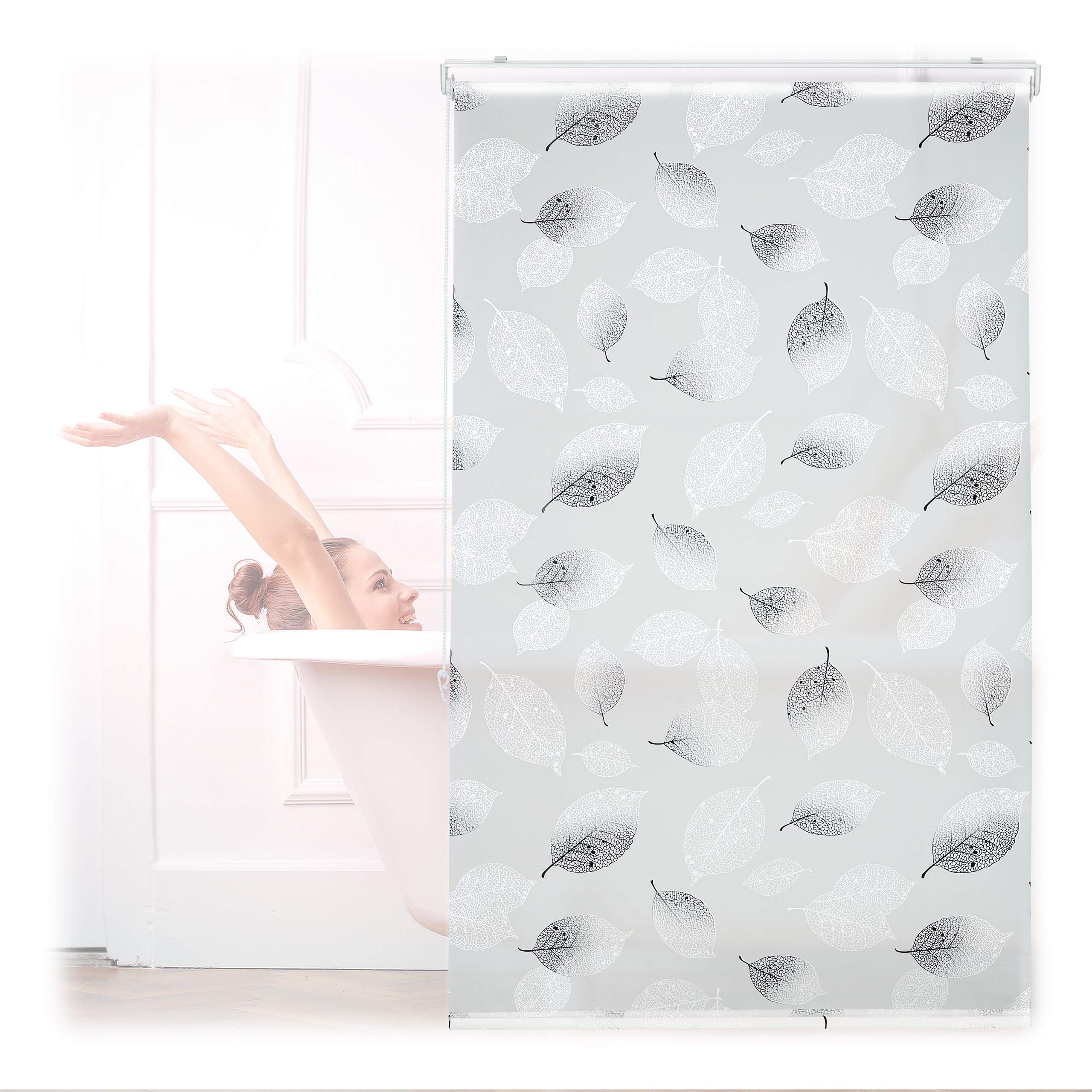 Relaxdays Shower Roller Blind, Leaf Pattern, Flexible Mounting, Pull-up Curtain for Bath & Window, HxW: 100x240cm, Grey