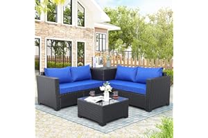 WAROOM Outdoor PE Wicker Furniture Set 4 Piece Patio Black Rattan Sectional Loveseat Couch Set Conversation Sofa with Storage Box Glass Top Table and Non-Slip Royal Blue Cushion
