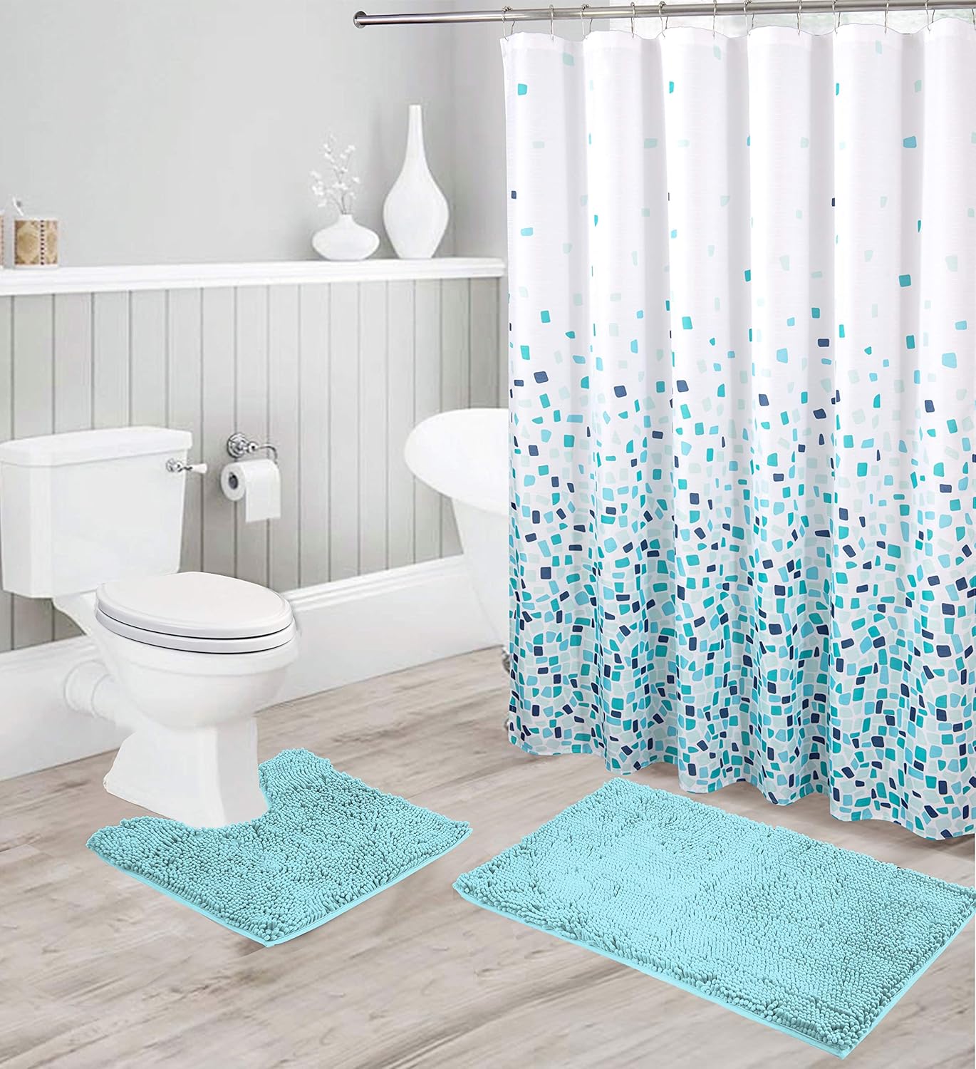 Ultra Soft Non Slip High Pile Water Absorbent Shaggy Chenille Bathroom Rugs And Abstract Mosaic Shower Curtain 15 Piece Set Jasmine Light Blue Luxury Chenille Bath Mats And Ombre Shower Curtain Set Home