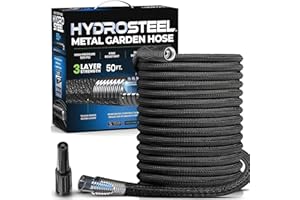 EMSON HYDROSTEEL 50 Ft Metal Garden Hose with Sprayer Nozzle, Indestructible 3-Layer Stainless Steel Heavy Duty Water Hose 50Ft x 5/8 in. Kink Free Design Will Not Kink, Flexible, NON Expandable, Black