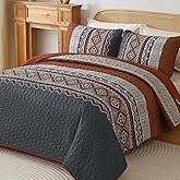 WONGS BEDDING 3 Pieces Quilt Set King Size, Burnt Orange Quilt Bedspread Lightweight Bohemian Coverlet Set with 2 Pillowcase, Soft Geometry Printed Bedding Set King for All Season 104"×90"