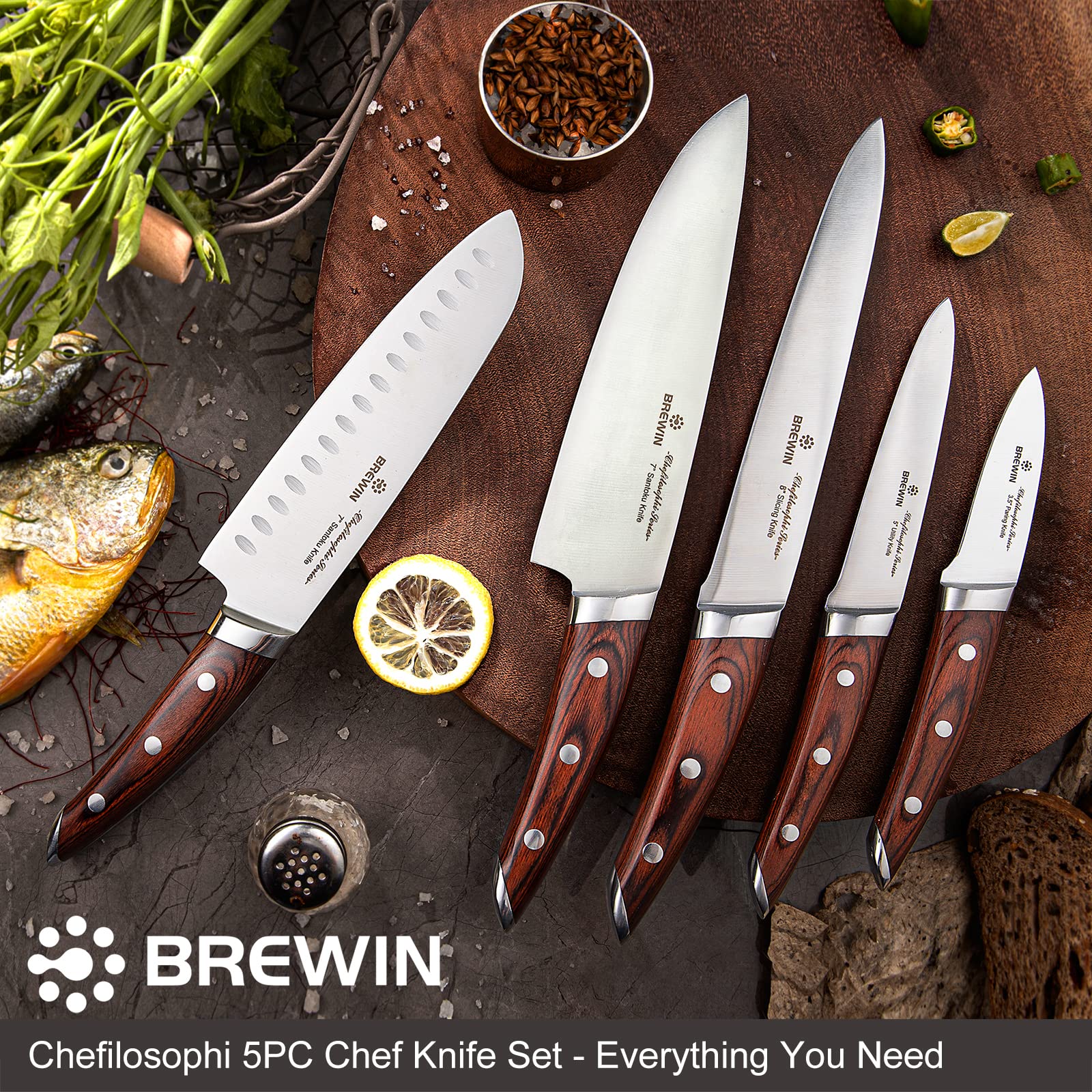 Brewin Chef Knife Set 5 PCS Chefilosophi Series with Elegant Red Pakkawood Handle Ergonomic Design,Professional Ultra Sharp Kitchen Knives for Cooking High Carbon Stainless Steel Japanese Chef