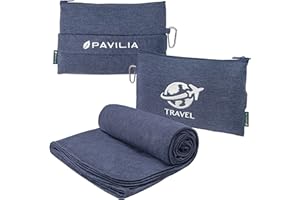 PAVILIA Travel Blanket Compact, Airplane Packable Bag, Soft Fleece Portable Throw Pillow Combo Set, Plane Flight Car Trips Essentials Gift Accessories, Luggage Backpack Clip, Navy Blue, 65 x 40 inch