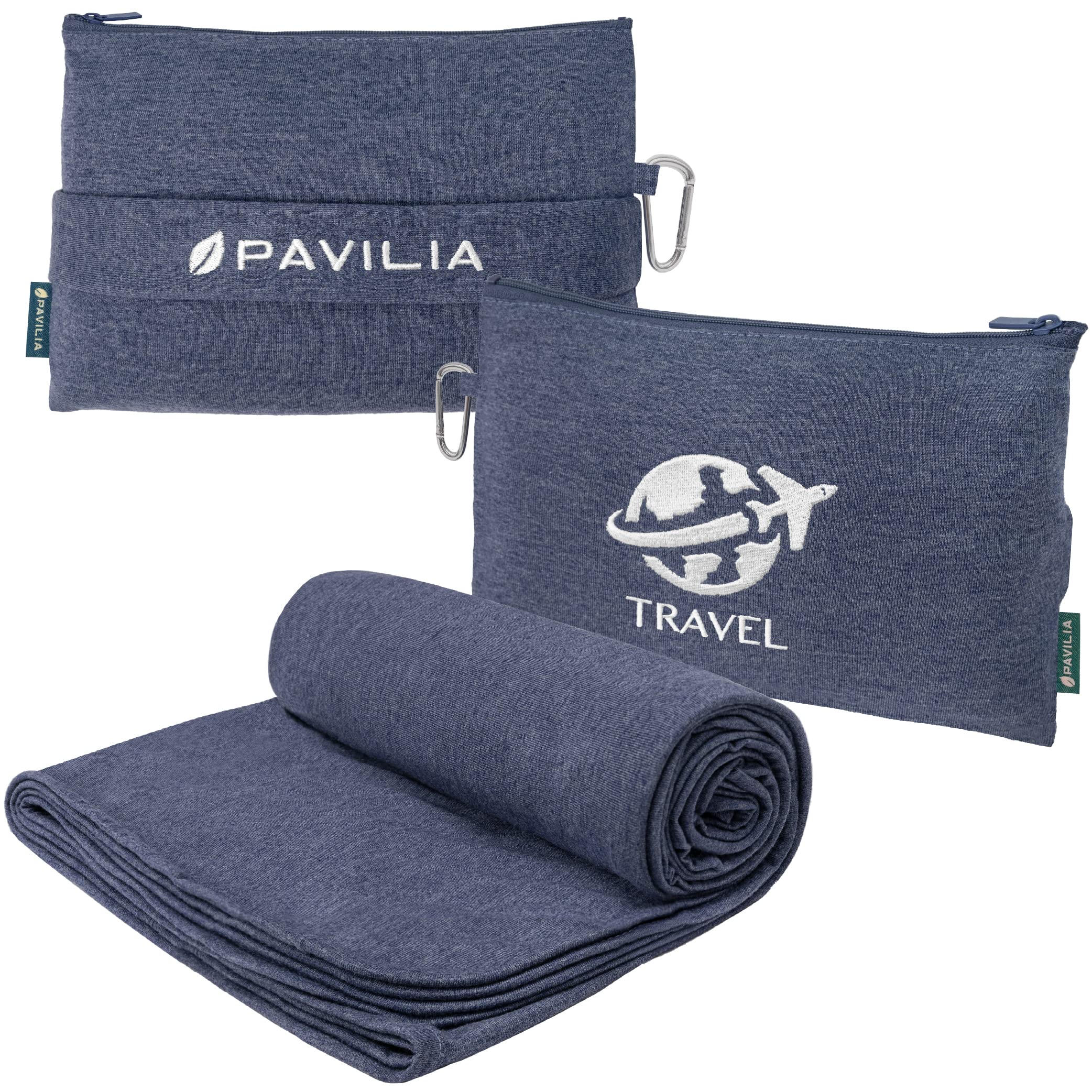 Photo 1 of PAVILIA Travel Blanket Compact, Airplane Packable Bag, Soft Fleece Portable Throw Pillow Combo Set, Plane Flight Car Trips Essentials Gift Accessories, Luggage Backpack Clip, Navy Blue, 65 x 40 inch