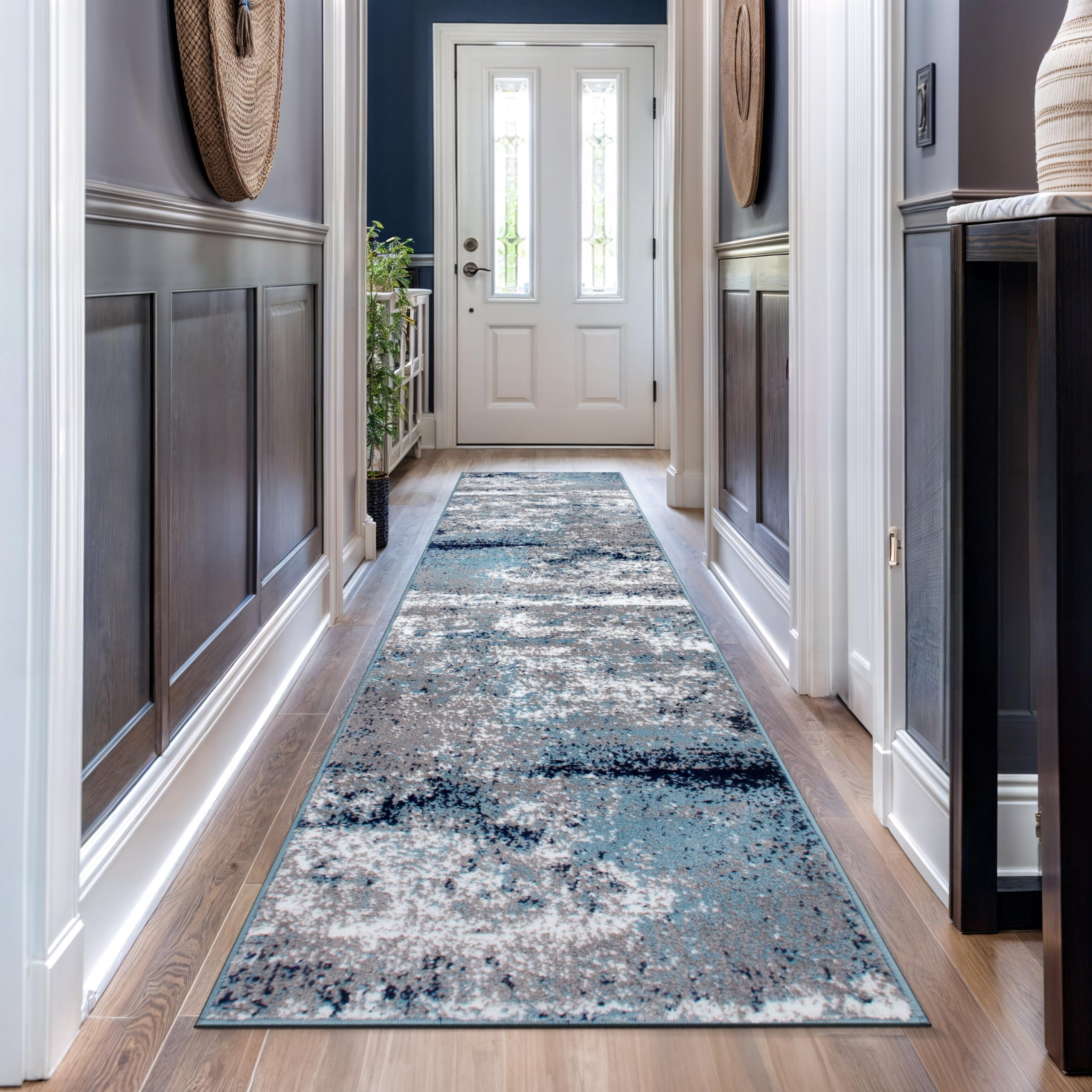 Rugshop Modern Distressed Blue Abstract Runner Rug Bohemian Inspired Watercolor for Hallway, Corridor and Kitchen 2'7" x 12' Image