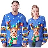 JOYIN Ugly Christmas Sweater Women Men Couples, LED Light Up Ugly Christmas Sweater Kids 2025 Reindeer(Blue
