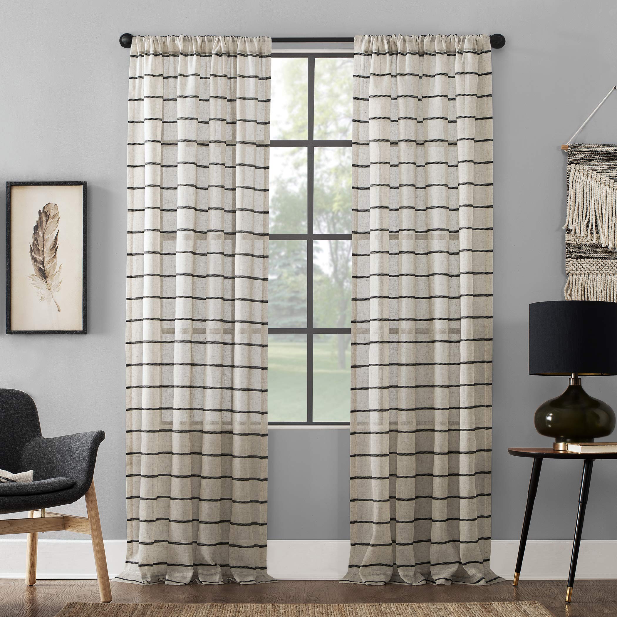 Clean Window Twill Stripe Anti-Dust Allergy/Pet Friendly Anti-Dust Sheer Curtain Panel, 52" x 84, Black/Linen