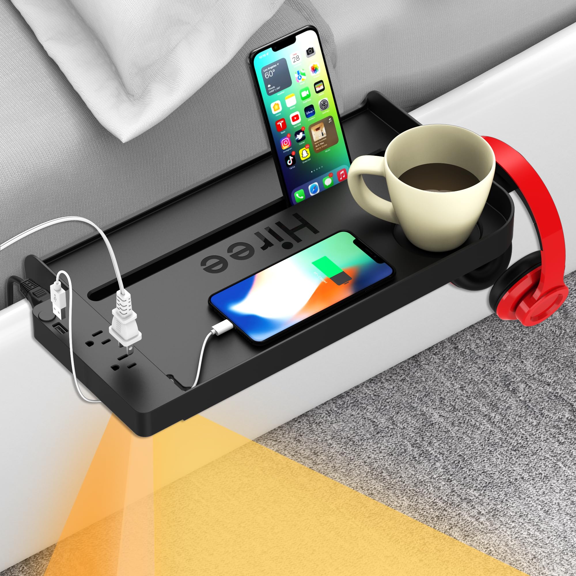 Bedside Shelf for Dorm Bunk Bed with USB Charging Port and AC Outlets, Bedside Caddy, Attachable Bedside Table, College Dorm Essential Clip On Bedside Tray, Bunk Bed Accessories, Plus Size, Black