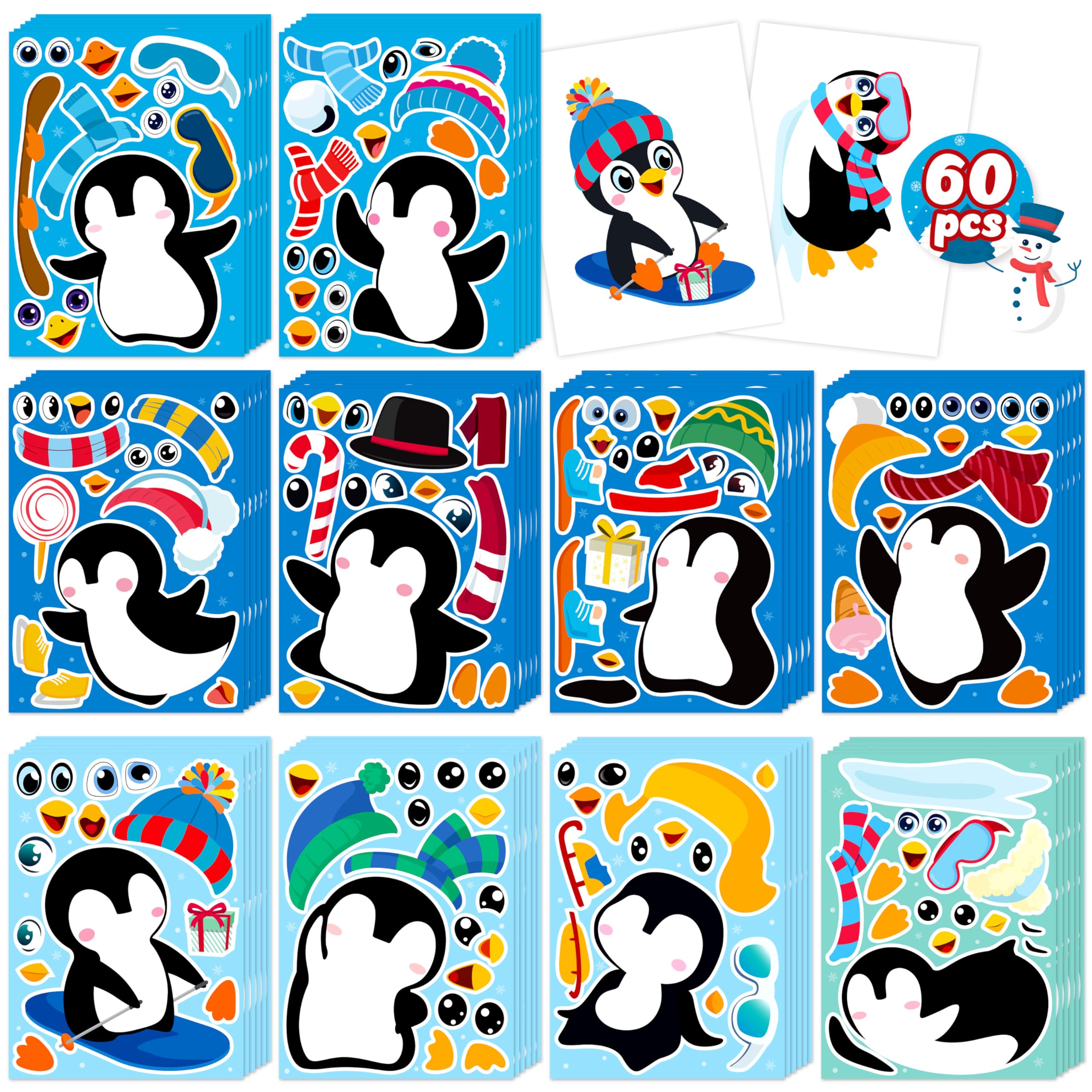 Photo 1 of 60Sheets Winter Stickers Crafts for Kids - Make-A-Penguin Face Sticker- Holiday Gifts Christmas Goodie Bag Stuffer School Classroom Activity Games Party Favors (Small Size)