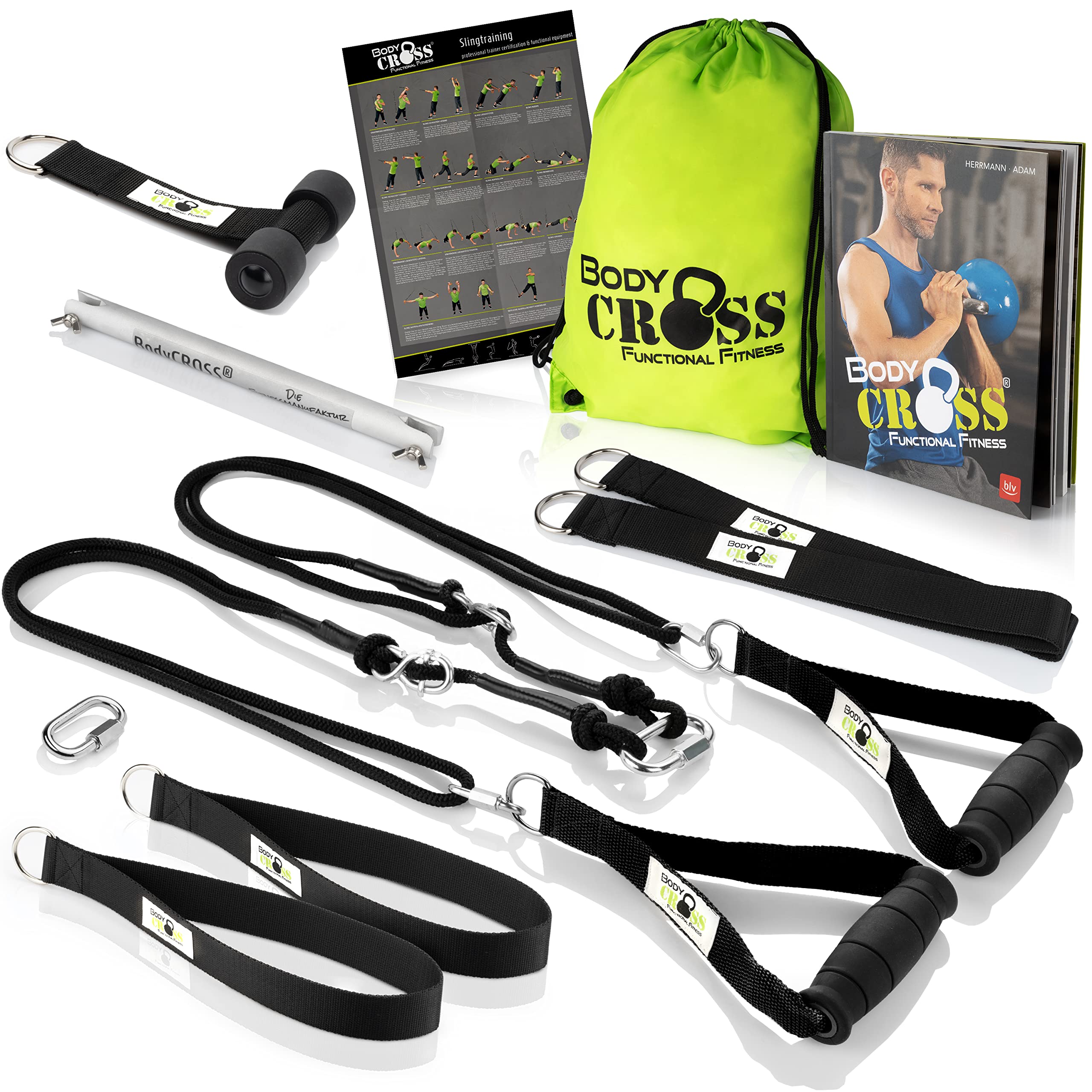 Premium sling trainer, made in Germany, tested and certified, sling trainer strength training set for home and outdoor use, with door anchor, poster, training plan, attachment loop