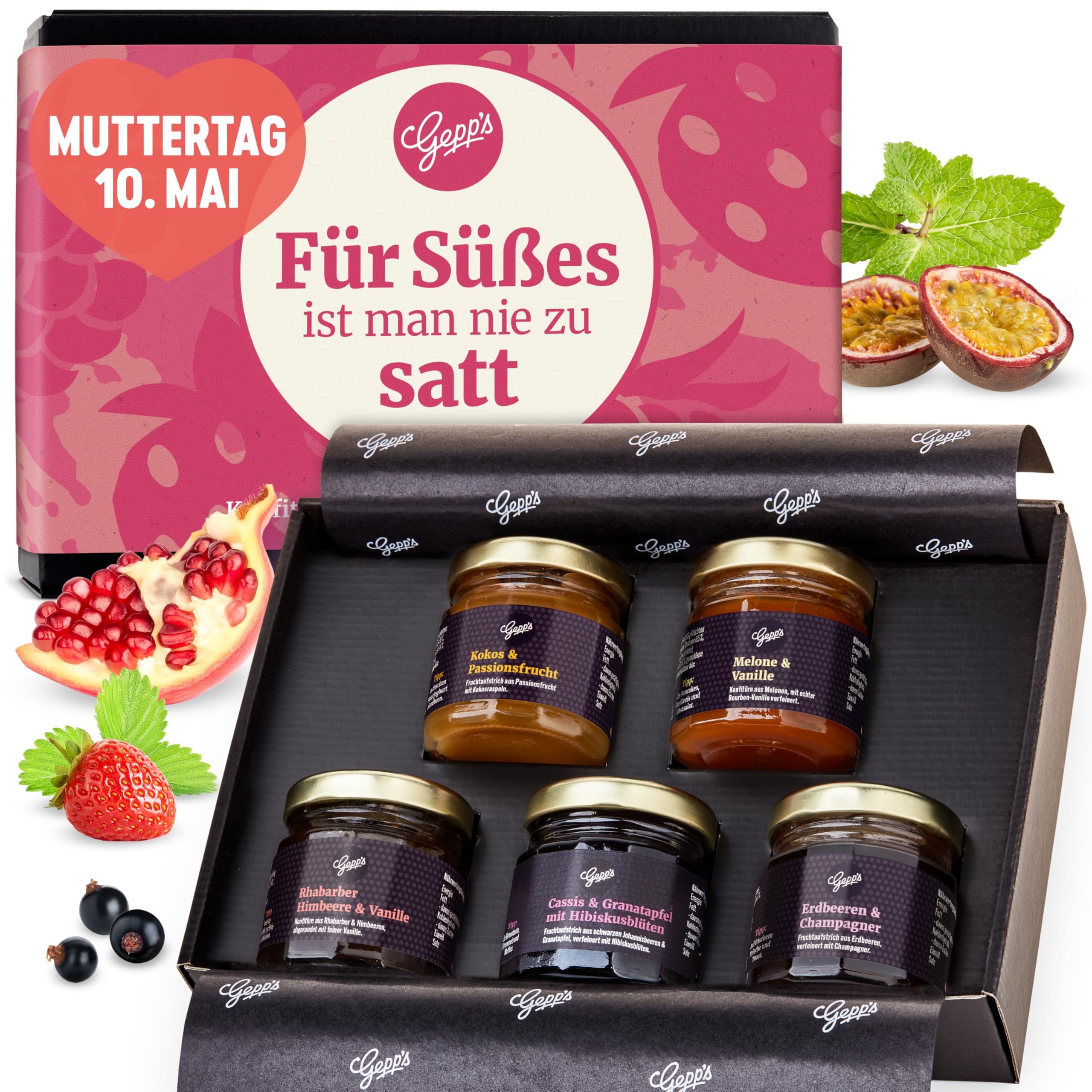 Gepp's Feinkost Frühstück Marmeladen Set I Mini Konfitüren in verschiedenen Geschmacksrichtungen I Geschenk mit Spezialitäten wie Mango Ingwer Erdbeer & Champagner Fruchtaufstrich