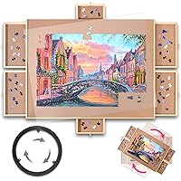 LAYAONE 1500PCS Rotating Wooden Jigsaw Puzzle Board - Portable Puzzle Table 26'' X 34'' - 6 Drawers & Covers, Lazy Susan Tray