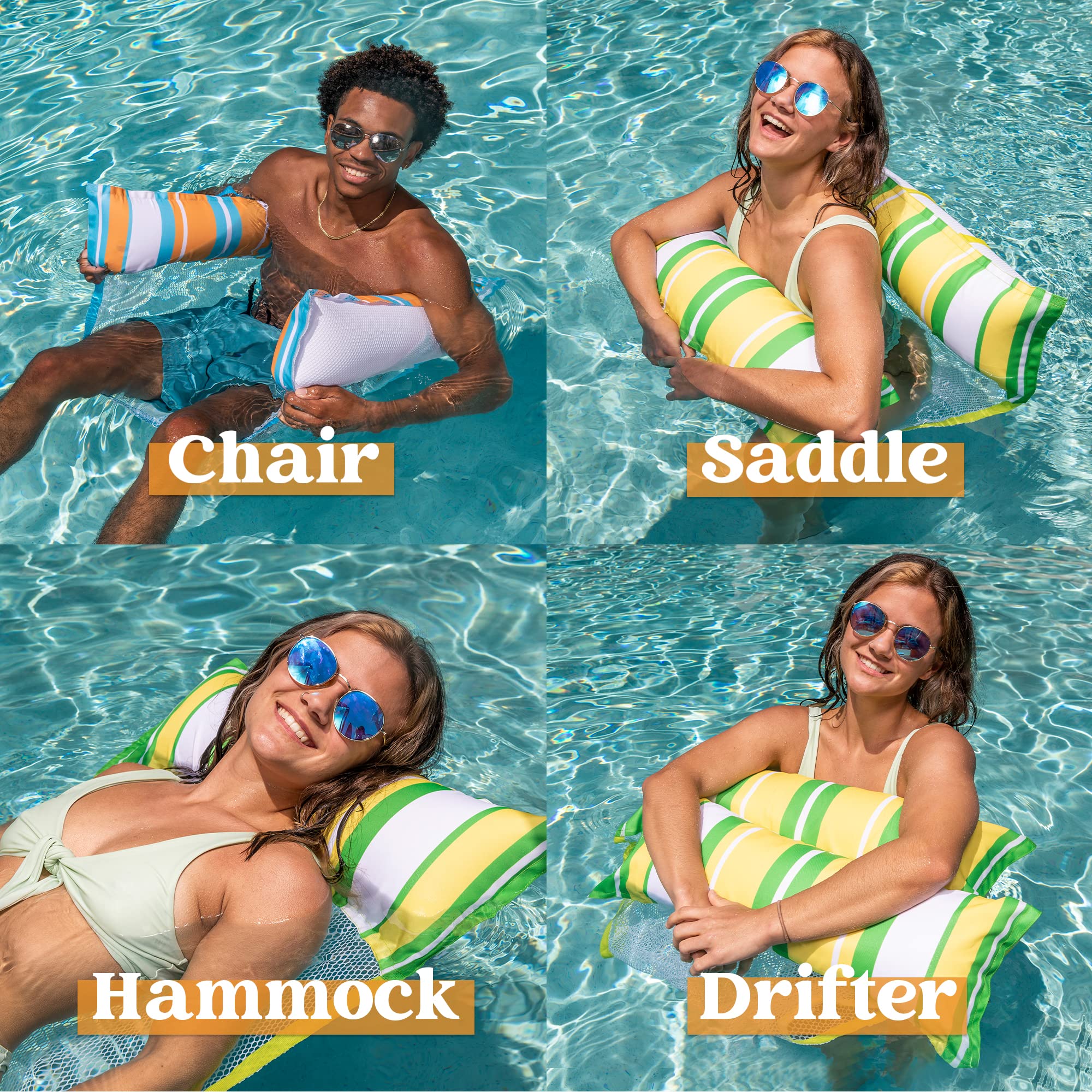 Sloosh 3 Pack Inflatable Pool Float Hammock, Water Lounges, Multi-Purpose Swimming Pool Accessories (Saddle, Lounge Chair, Hammock, Drifter), Lake, Outdoor, Beach