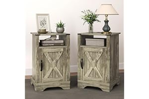 RoyalCraft Nightstand Set of 2, Grey End Table with Charging Station, Tall Farmhouse Bedside Table with Large Storage and Shelf, Wooden Side Table with for Bedroom, Home Office, Light Grey
