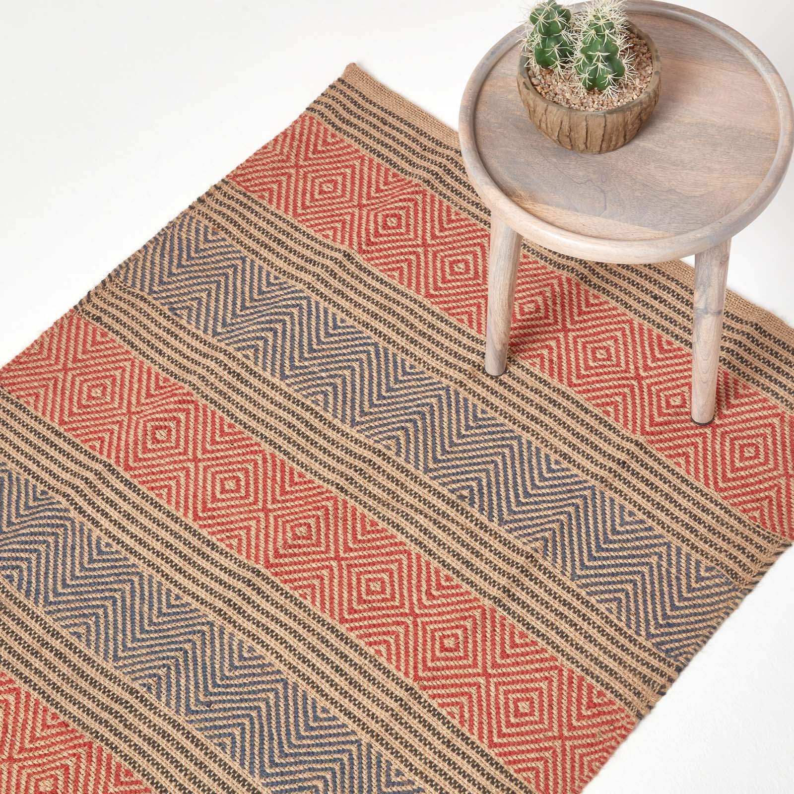 HOMESCAPES Modern Medium Jute Rug Red and Blue Geometric Kilim Design 90 x 150cm (3ft x 5ft) Heavy Duty Suitable for Halls, Living Rooms or Conservatories