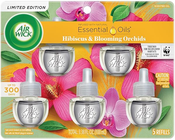 AIR WICK PLUG IN SCENTED OIL REFILL, 5 CT, HIBISCUS AND BLOOMING ORCHIDS, AIR FRESHENER, ESSENTIAL OILS, SPRING COLLECTION