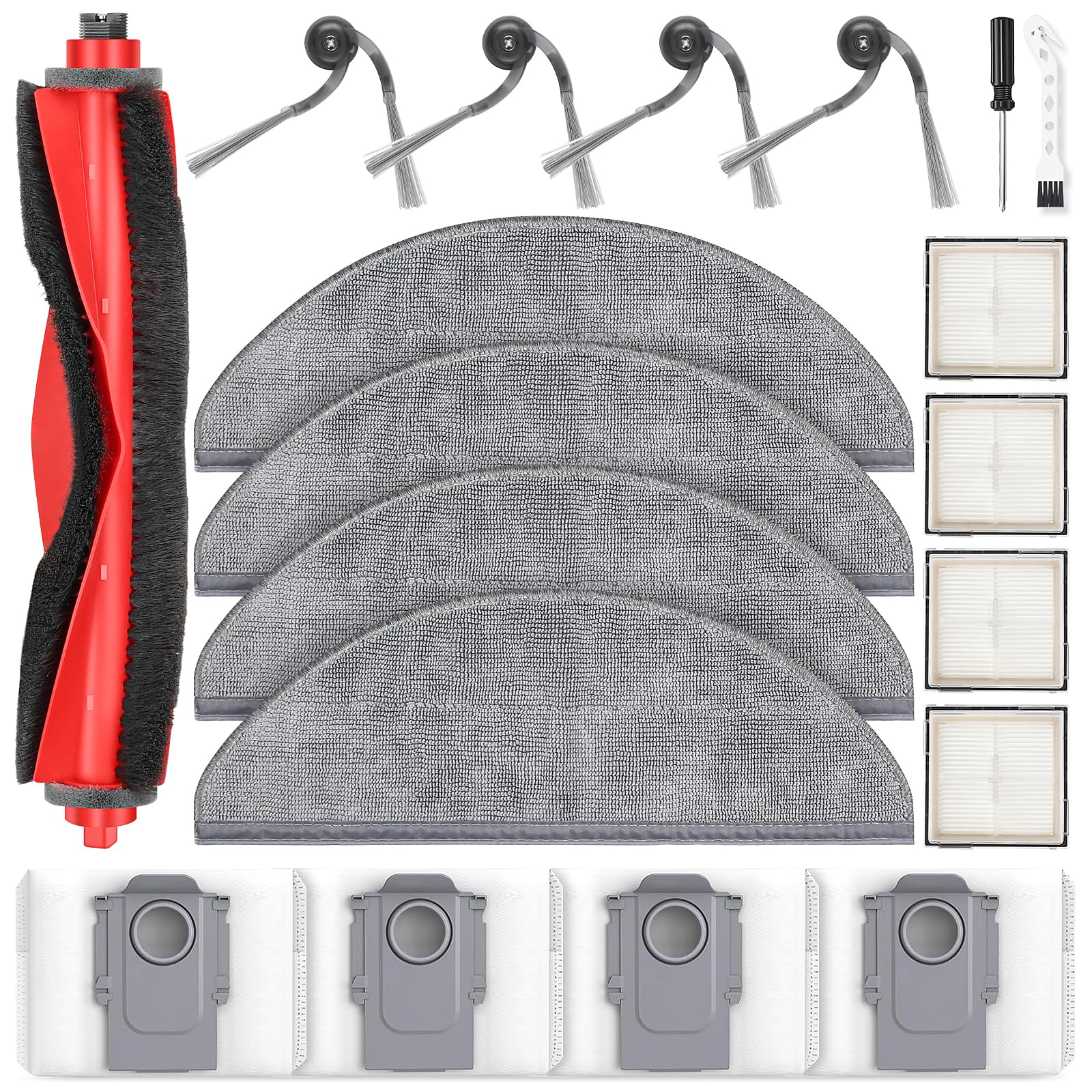 Photo 1 of 19 Pcs Replacement Kit for Q10 X5+ Robot Vacuum, 1 Main Brush, 4 HEPA Filter, 4 Mop Pads, 4 Side Brush, 4 Dust Bag, 1 Cleaning Brush and 1 Screwdriver