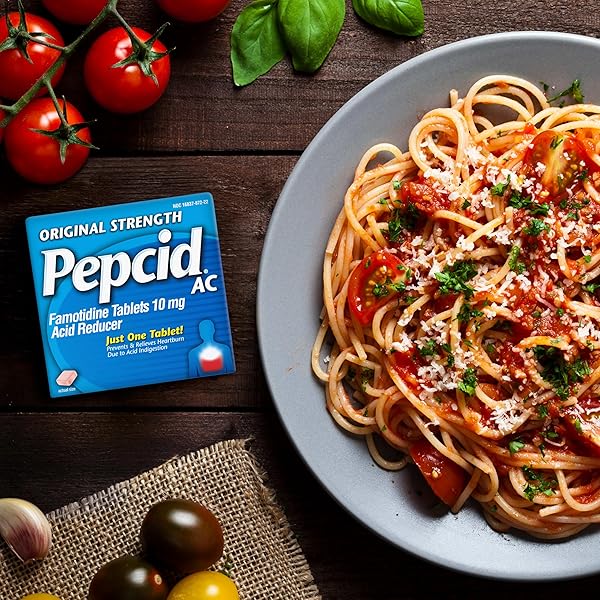 PEPCID AC ORIGINAL STRENGTH HEARTBURN RELIEF TABLETS, PREVENTS & RELIEVES HEARTBURN DUE TO ACID INDIGESTION & SOUR STOMACH, 10 MG FAMOTIDINE TO REDUCE & CONTROL ACID, FAST-ACTING, 60 CT