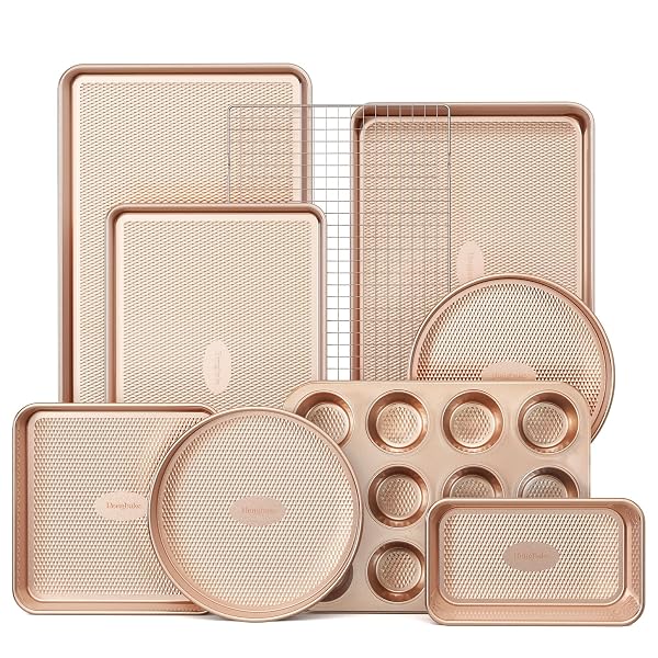 HONGBAKE 9-PIECE BAKING PANS SET NONSTICK, STACKABLE NON TOXIC BAKEWARE SETS WITH DIAMOND TEXTURE, OVEN PAN SET FOR COOKING, INCLUDES COOKIE SHEET WITH RACK, CAKE PAN, ROASTING PAN, MUFFIN TIN, GOLD