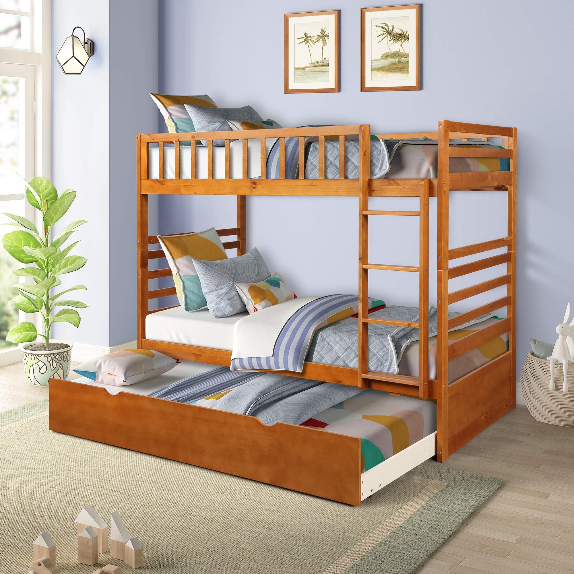 Bunk Beds for Kids, Over Twin Bed with Trundle, Wooden Twin Bed with Drawer and Safety Rail Ladder, Teens Bedroom Bed, Guest Room Furniture (Oak)