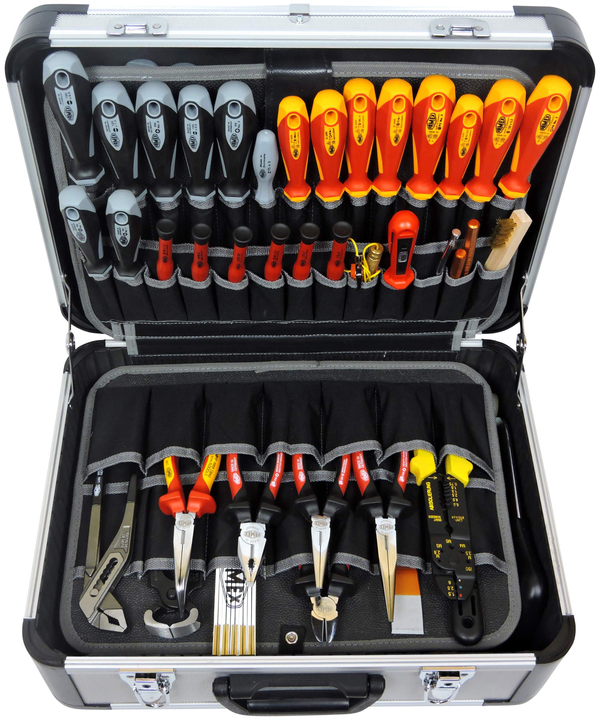 Famex 700-L Aluminium Tool Box with 2 Pallets with 56 Pockets - Max. Load 30 kg - Compartments in The Base of The Case - Empty, Without Tools - 460 x 355 x 180 mm